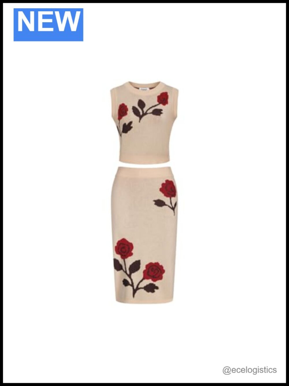 Knitted Cotton 2 Piece Vest Skirt Set Retro Floral Sleeveless Casual